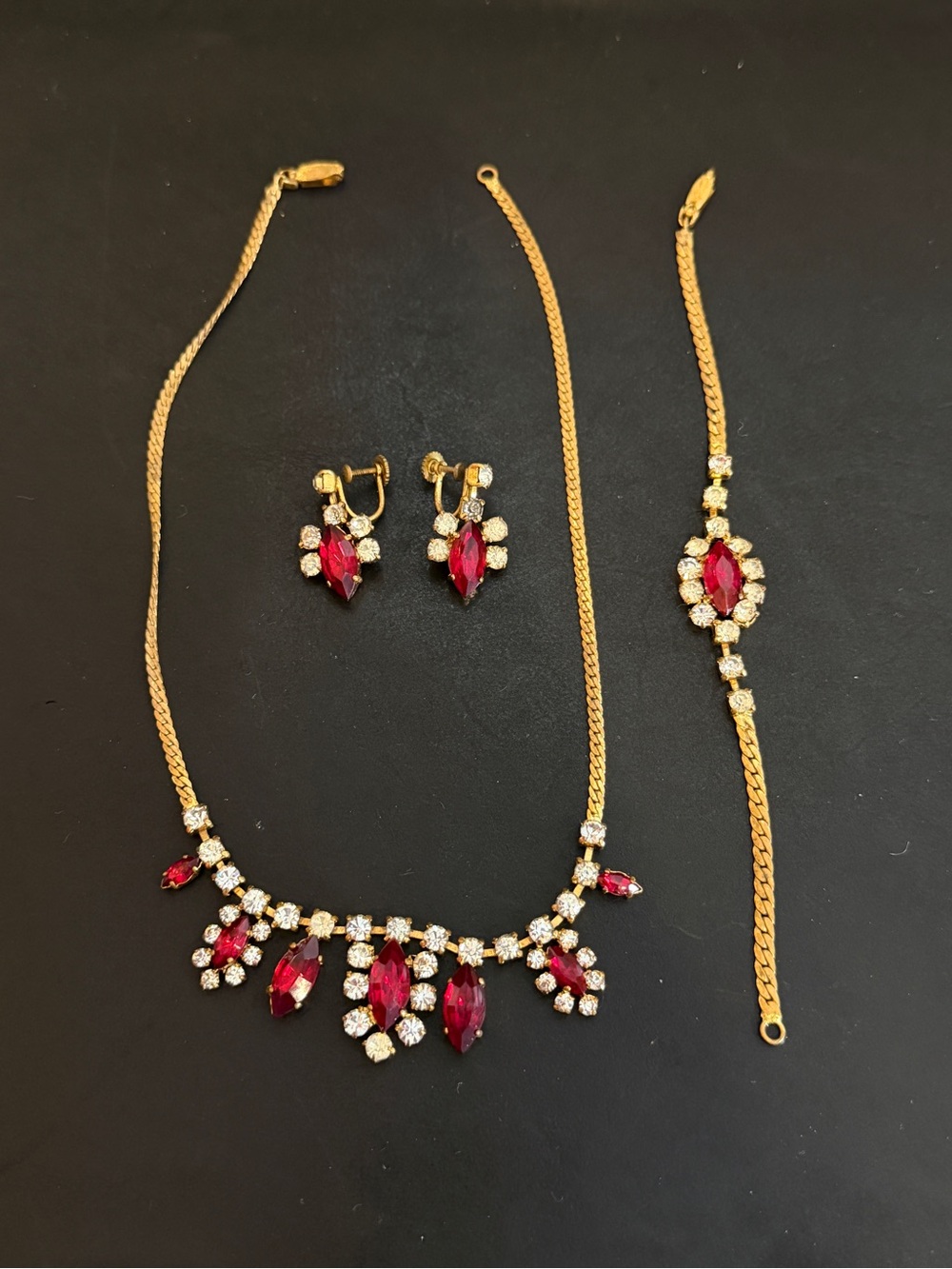 Antique Parrure Gold Plated Rhinestone Necklace Earrings Bracelet Made Germany